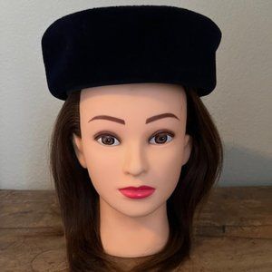 Vintage Merrimac Peachbloom Navy Blue Velour Pillbox Hat